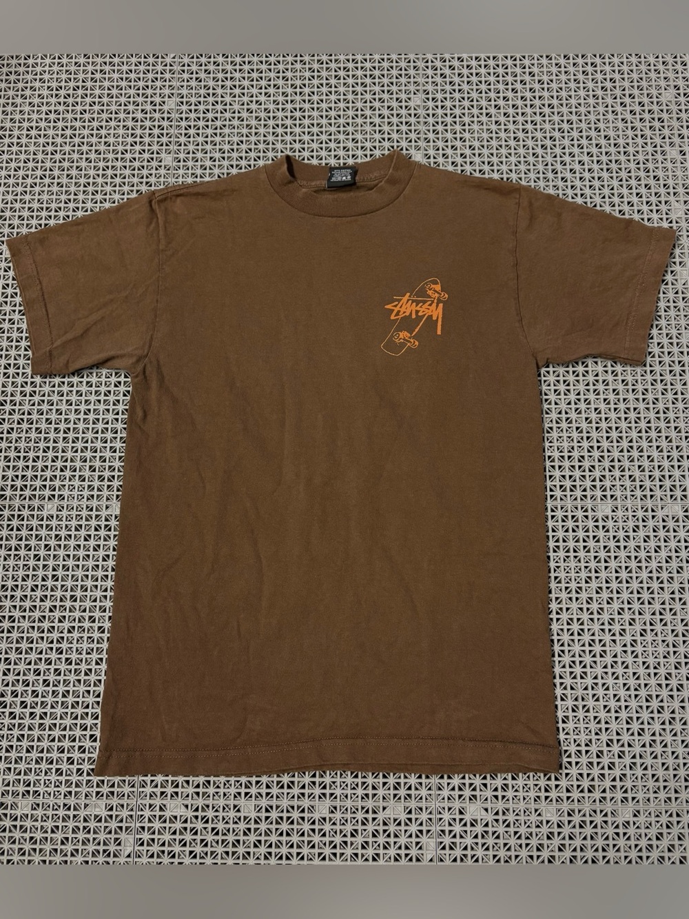 Vintage Y2K Stussy Brown Tee with Orange Skateboard Logo